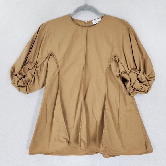 Deveaux New York Tops - Deveaux New York Shirt Womens 0 Tan Beige Carrie Puff Sleeve Top Poplin Blouse